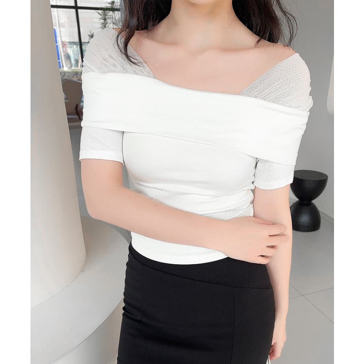 【Jasmine】メッシュ切り替えオフショルTシャツ | aimoha  | 詳細画像6 