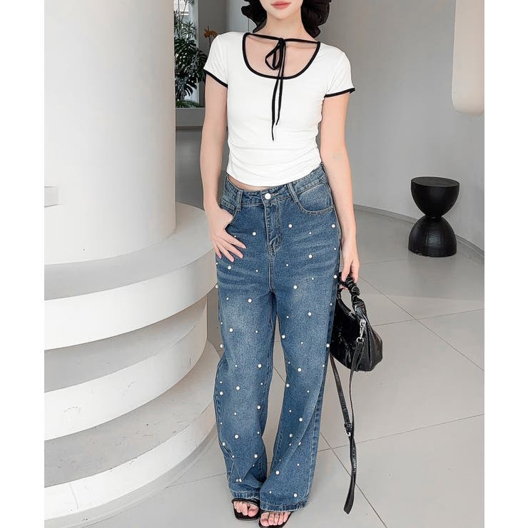 【Jasmine】クロップドリボンリンガーTシャツ | aimoha  | 詳細画像3 