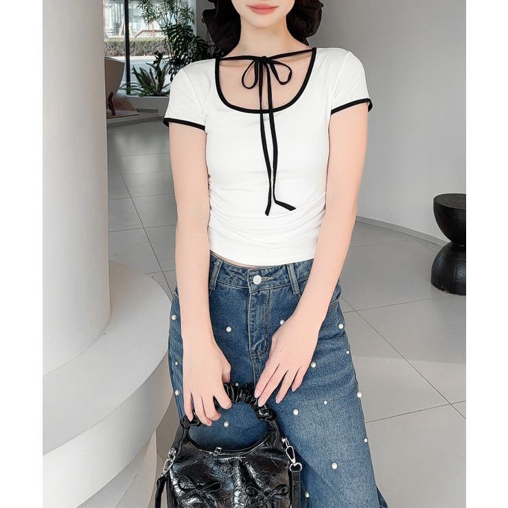 【Jasmine】クロップドリボンリンガーTシャツ | aimoha  | 詳細画像2 