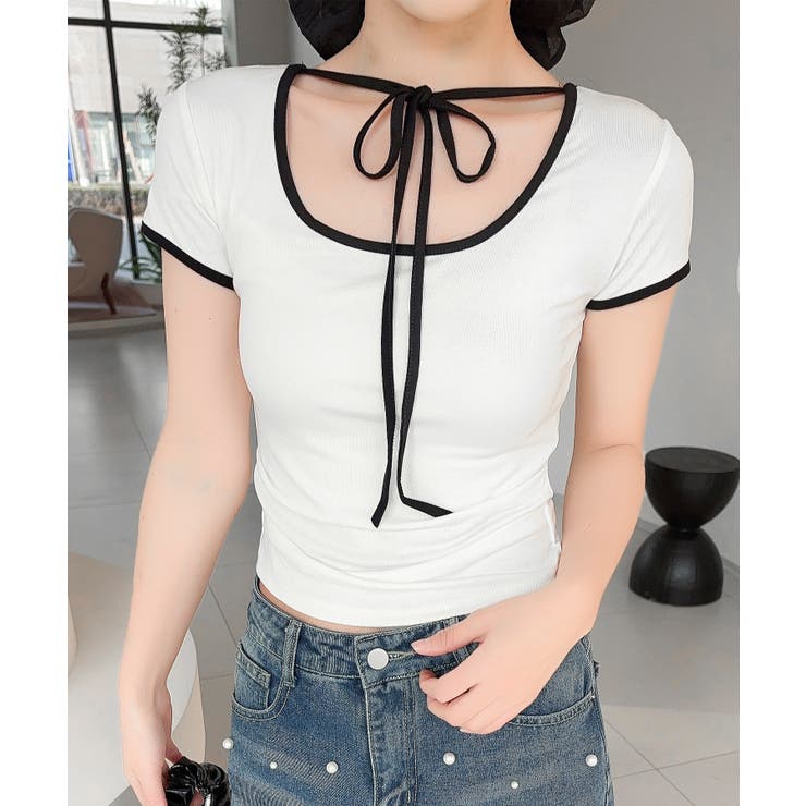 【Jasmine】クロップドリボンリンガーTシャツ | aimoha  | 詳細画像5 