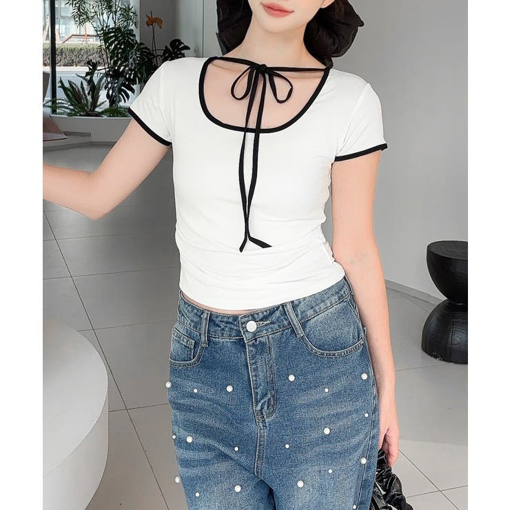 ホワイト | 【Jasmine】クロップドリボンリンガーTシャツ | aimoha 