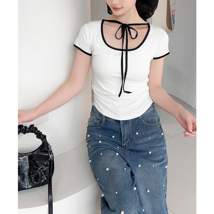 【Jasmine】クロップドリボンリンガーTシャツ | aimoha  | 詳細画像6 