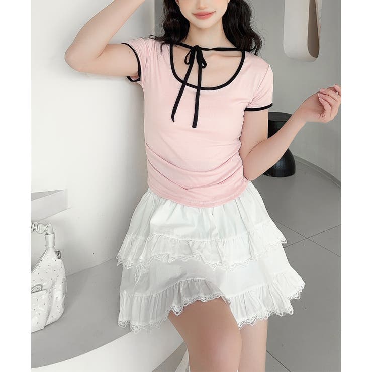 ピンク | 【Jasmine】クロップドリボンリンガーTシャツ | aimoha 