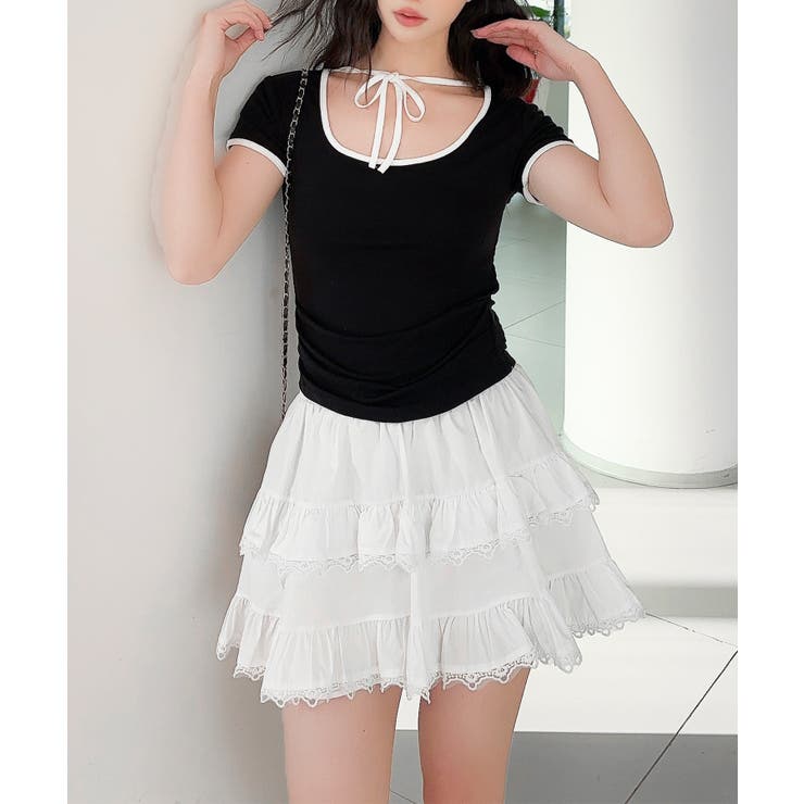 【Jasmine】クロップドリボンリンガーTシャツ | aimoha  | 詳細画像9 