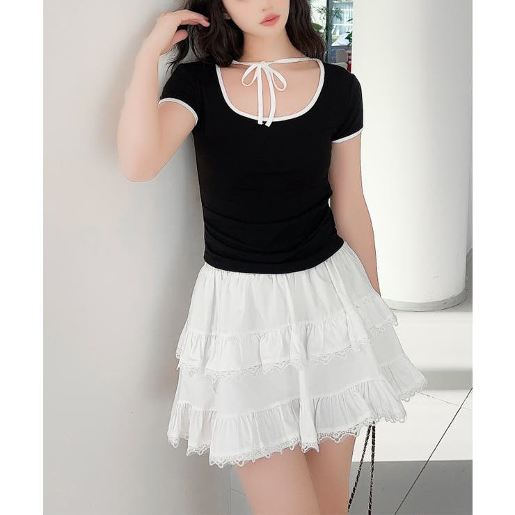 【Jasmine】クロップドリボンリンガーTシャツ | aimoha  | 詳細画像7 