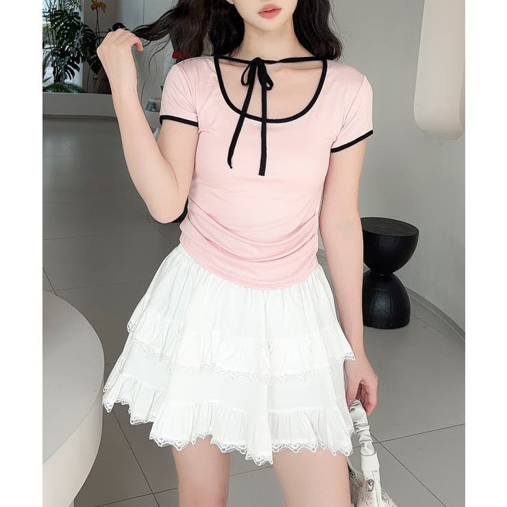 【Jasmine】クロップドリボンリンガーTシャツ | aimoha  | 詳細画像12 