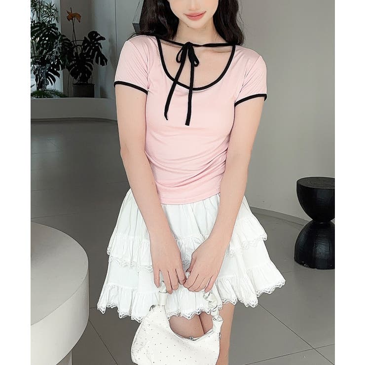 【Jasmine】クロップドリボンリンガーTシャツ | aimoha  | 詳細画像10 