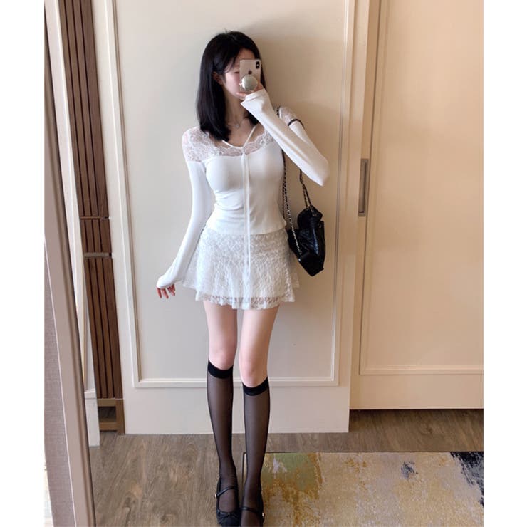 ホワイト | 【Jasmine】レースドッキングスリムTシャツ | aimoha 