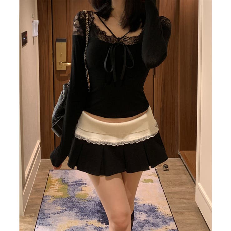 ブラック | 【Jasmine】レースドッキングスリムTシャツ | aimoha 