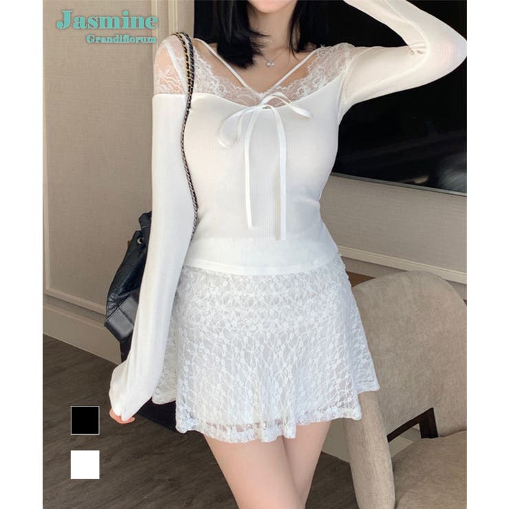 【Jasmine】レースドッキングスリムTシャツ | aimoha  | 詳細画像1 