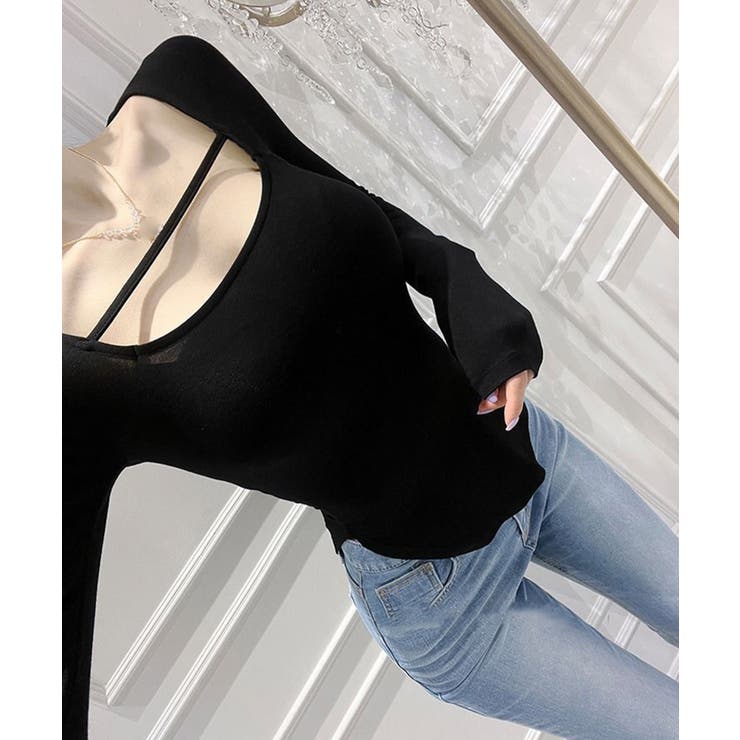 ブラック | ナローストラップ長袖トップス Jasmine Grandiflorum | aimoha 