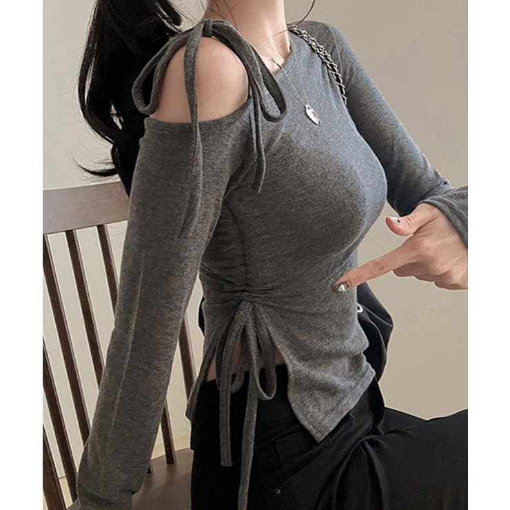 ダークグレー | 【Jasmine】肩見せシャーリングリボンショートトップス Jasmine Gr… | aimoha 