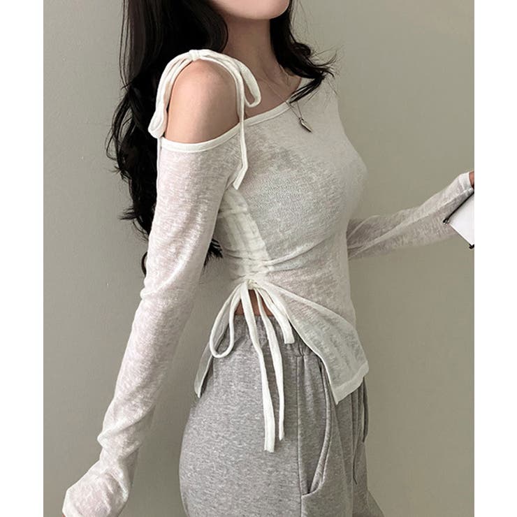 ホワイト | 【Jasmine】肩見せシャーリングリボンショートトップス Jasmine Gr… | aimoha 