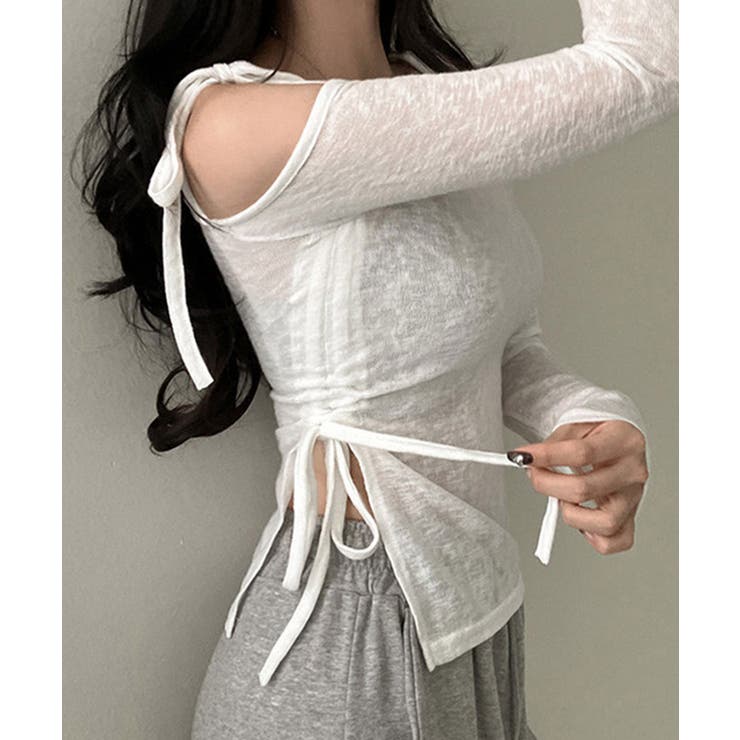 【Jasmine】肩見せシャーリングリボンショートトップス Jasmine Gr… | aimoha  | 詳細画像4 