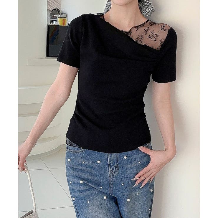 ブラック | 【Jasmine】レース切り替えアシメトリーデザインTシャツ | aimoha 