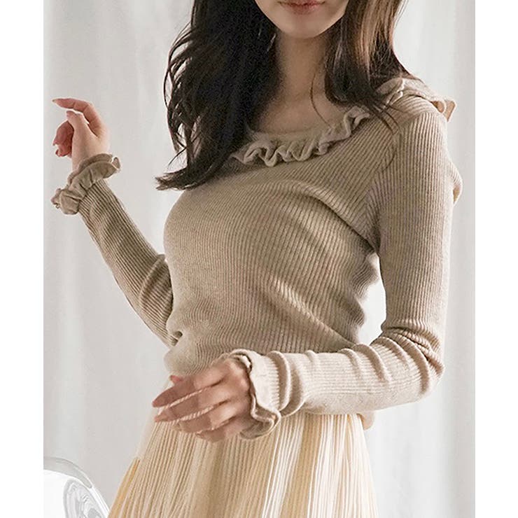 ベージュ | 【Jasmine】フリルニットトップス Jasmine Grandiflorum… | aimoha 