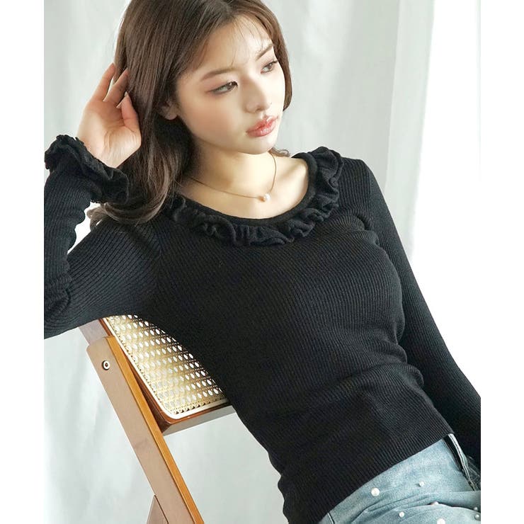 ブラック | 【Jasmine】フリルニットトップス Jasmine Grandiflorum… | aimoha 