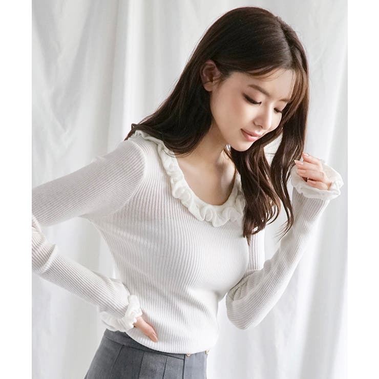 ホワイト | 【Jasmine】フリルニットトップス Jasmine Grandiflorum… | aimoha 