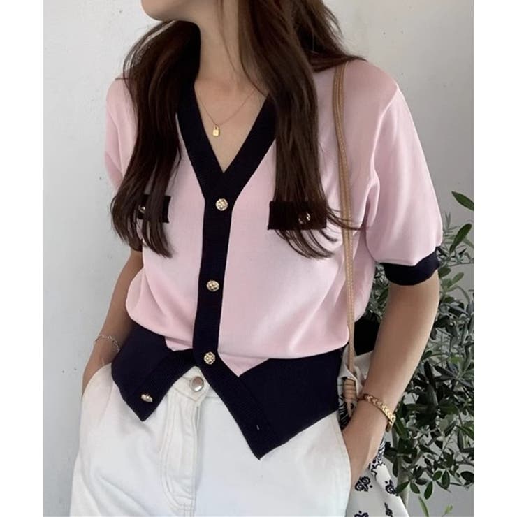 ピンク | ハーフスリーブバイカラーカーディガン Jasmine Grandiflorum | aimoha 