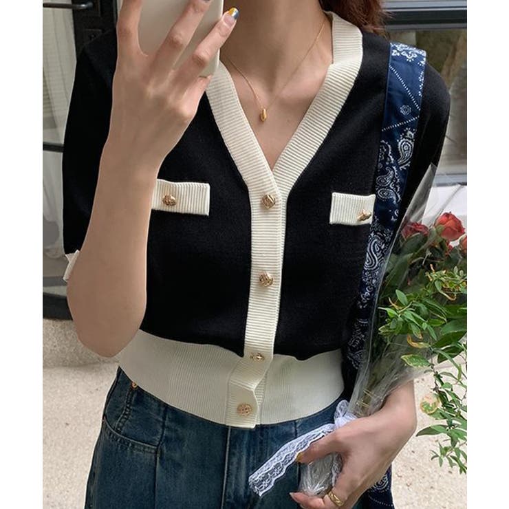 ブラック | ハーフスリーブバイカラーカーディガン Jasmine Grandiflorum | aimoha 