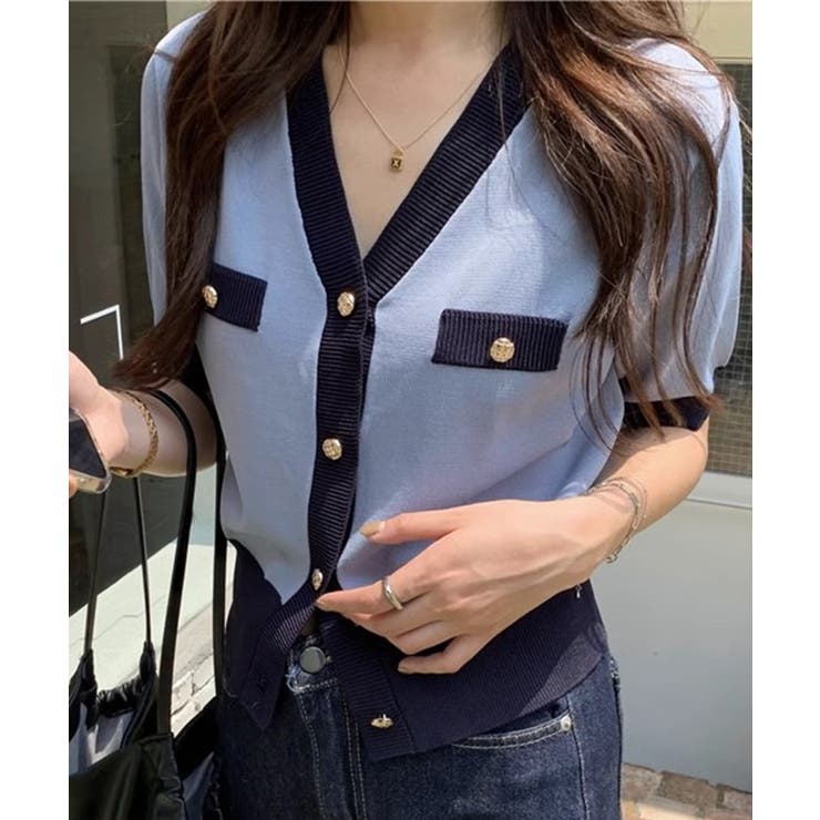 ブルー | ハーフスリーブバイカラーカーディガン Jasmine Grandiflorum | aimoha 