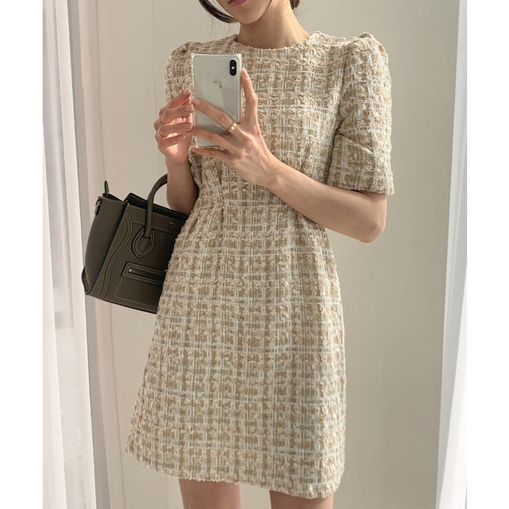 ベージュ | 【Jasmine】ツイードフレアミニワンピース Jasmine Grandifl… | aimoha 