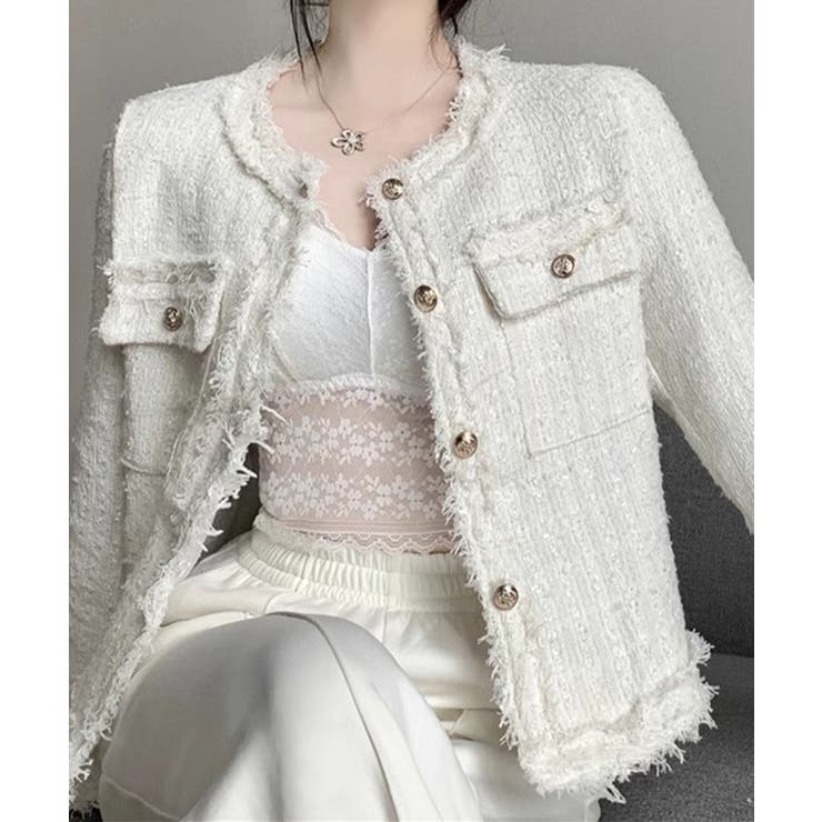 ホワイト | 【Jasmine】ツイード風ノーカラーシャケット Jasmine Grandif… | aimoha 