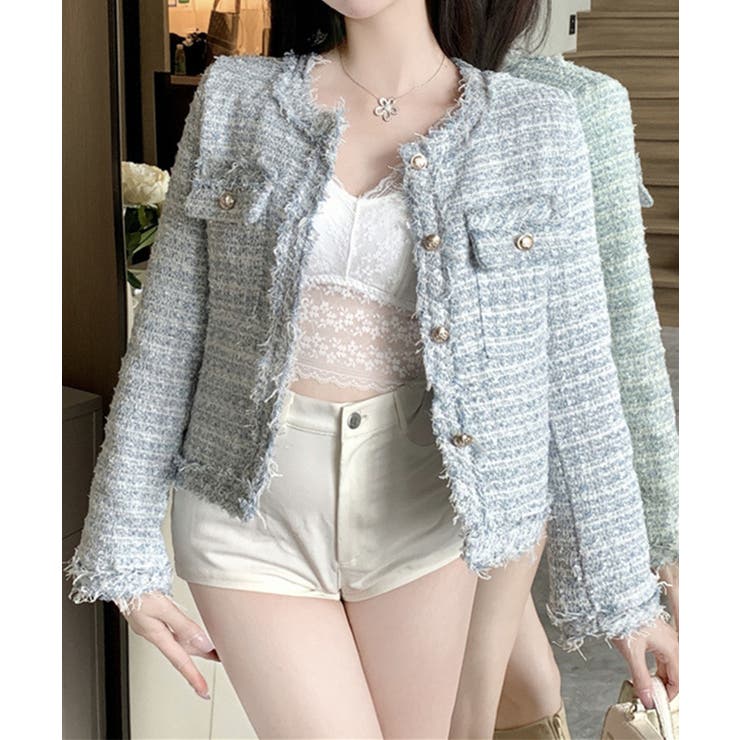 ブルー | 【Jasmine】ツイード風ノーカラーシャケット Jasmine Grandif… | aimoha 