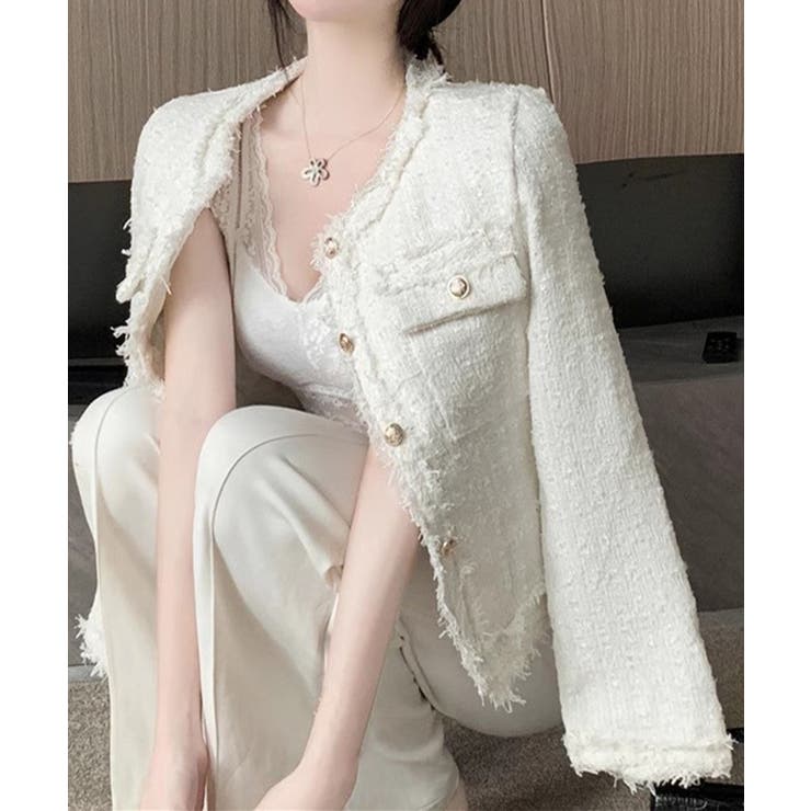 ツイード風ノーカラーシャケット Jasmine Grandiflorum[品番