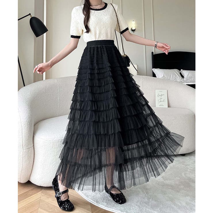 ブラック | 【Jasmine】フリルチュールティアードロングスカート Jasmine Gra… | aimoha 