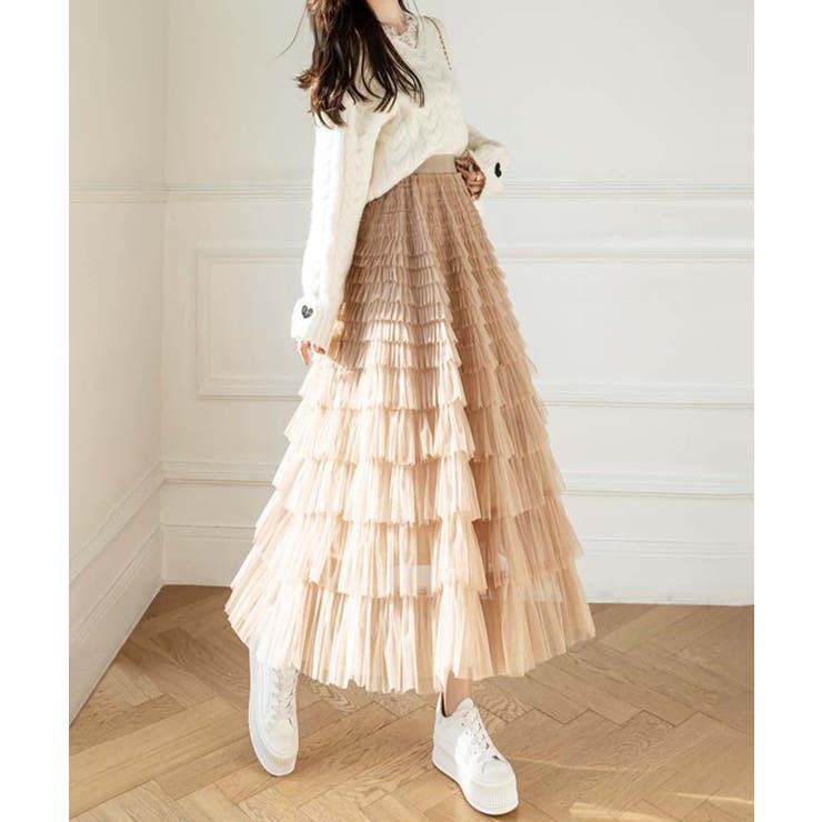ライトベージュ | 【Jasmine】フリルチュールティアードロングスカート Jasmine Gra… | aimoha 