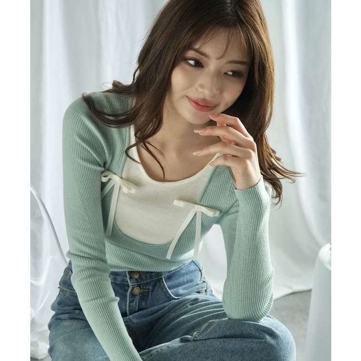 グリーン | リボンニットトップス Jasmine Grandiflorum | aimoha 