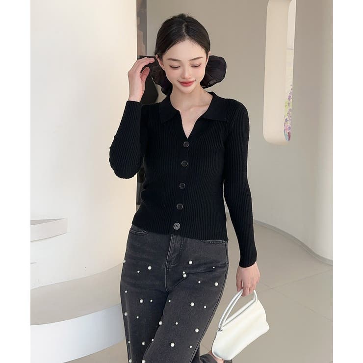 ブラック | 【Jasmine】シャツ風リブカーディガン | aimoha 