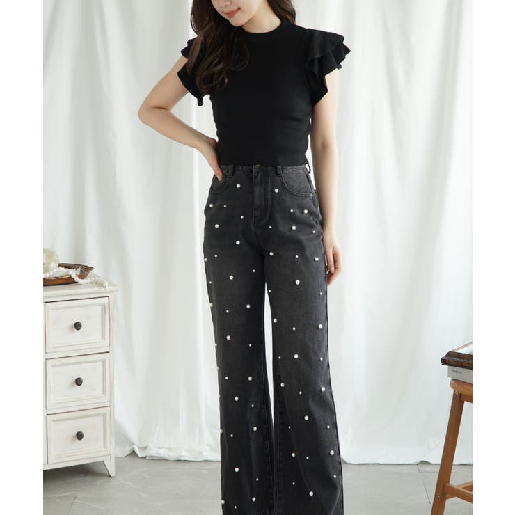 新色登場！パール付きハイウエストワイドデニム jasmine 韓国ファッション | aimoha  | 詳細画像30 