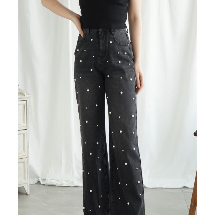 ブラック | 新色登場！パール付きハイウエストワイドデニム jasmine 韓国ファッション | aimoha 