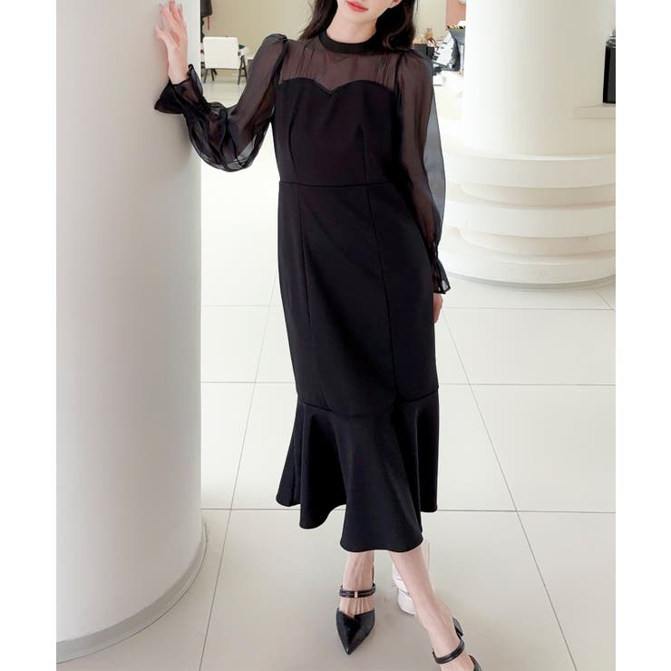 ブラック | 【Jasmine】キャンディースリーブマーメイドコンビワンピース | aimoha 