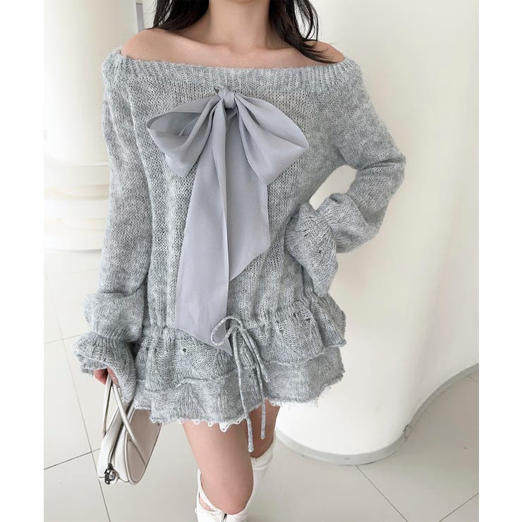 ライトグレー | オフショルフロントリボンニットワンピース | aimoha 