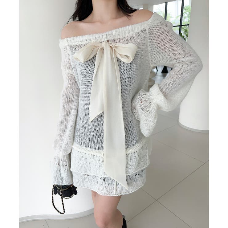 オフショルフロントリボンニットワンピース | aimoha  | 詳細画像1 