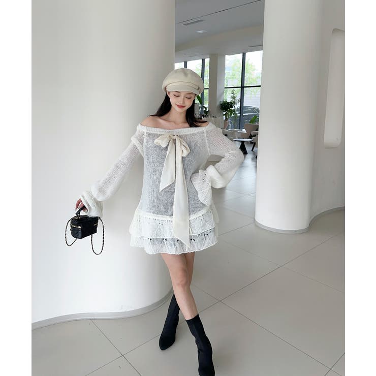 オフショルフロントリボンニットワンピース | aimoha  | 詳細画像5 