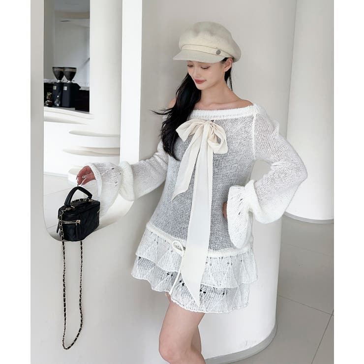 オフショルフロントリボンニットワンピース | aimoha  | 詳細画像3 