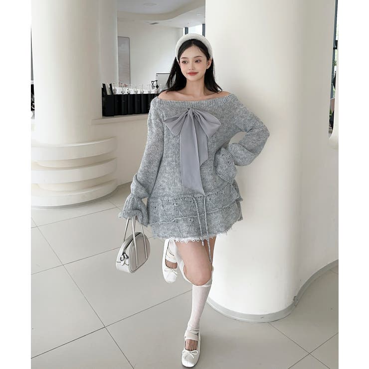 オフショルフロントリボンニットワンピース | aimoha  | 詳細画像14 