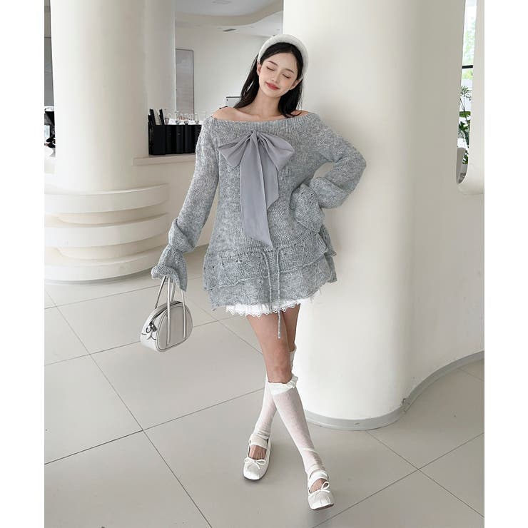 オフショルフロントリボンニットワンピース | aimoha  | 詳細画像12 