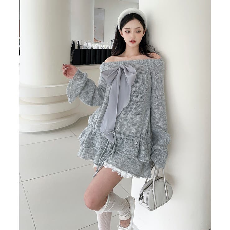 オフショルフロントリボンニットワンピース | aimoha  | 詳細画像11 