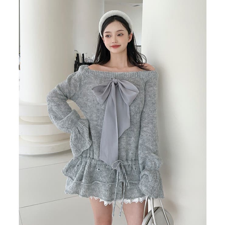 オフショルフロントリボンニットワンピース | aimoha  | 詳細画像15 