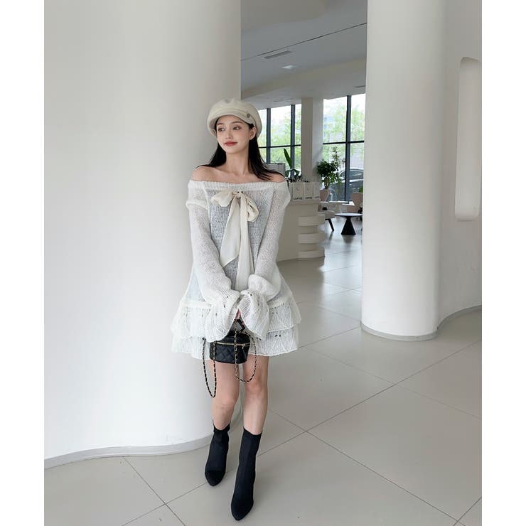 オフショルフロントリボンニットワンピース | aimoha  | 詳細画像7 