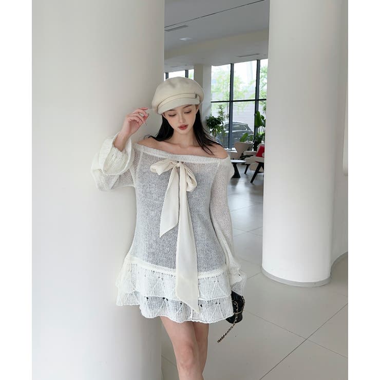 オフショルフロントリボンニットワンピース | aimoha  | 詳細画像6 