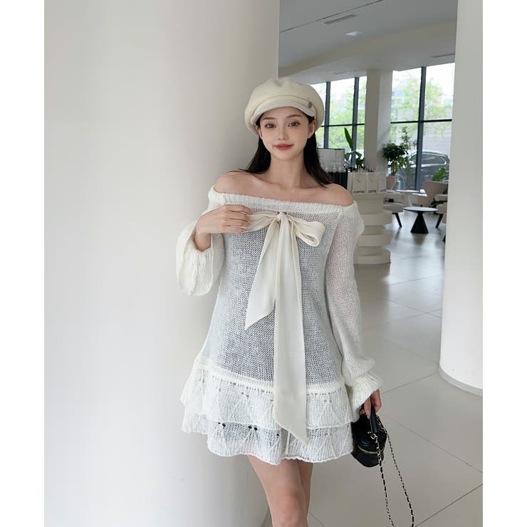 オフショルフロントリボンニットワンピース | aimoha  | 詳細画像9 