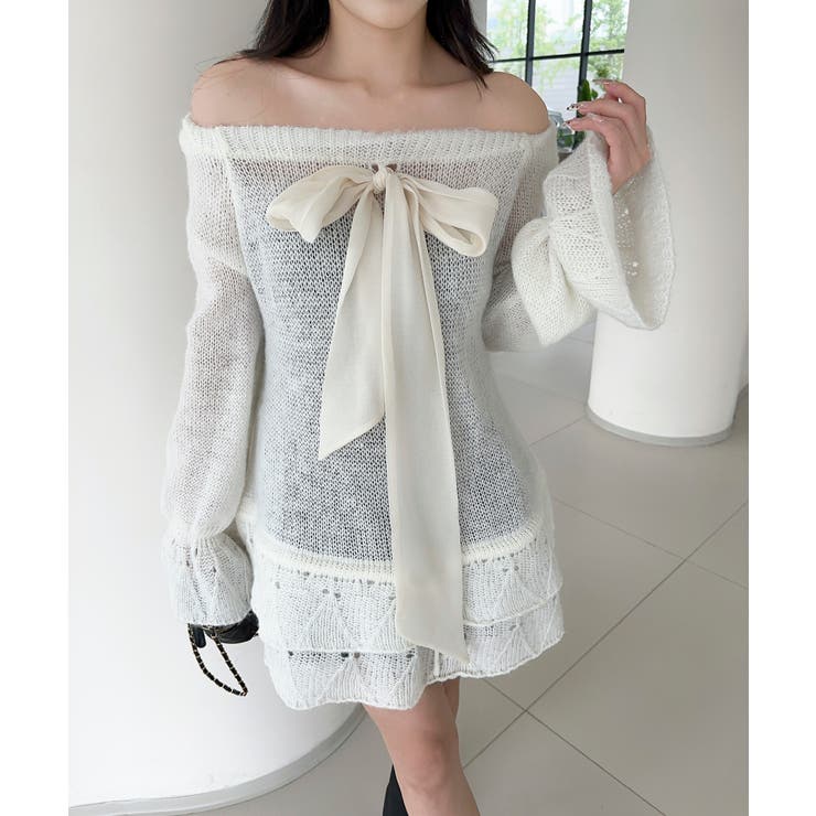 アイボリー | オフショルフロントリボンニットワンピース | aimoha 