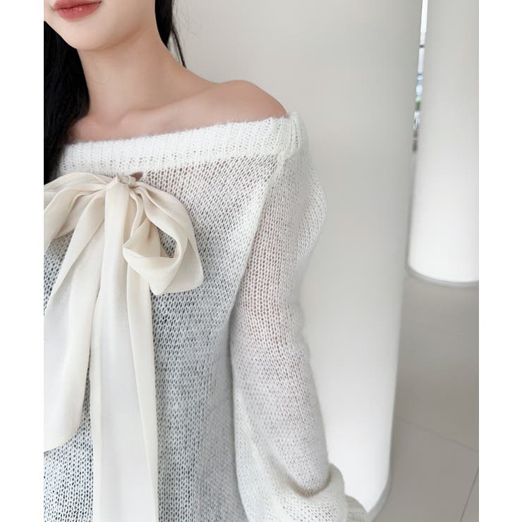 オフショルフロントリボンニットワンピース | aimoha  | 詳細画像8 