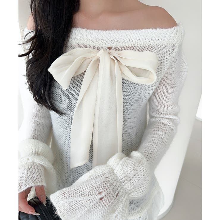 オフショルフロントリボンニットワンピース | aimoha  | 詳細画像2 